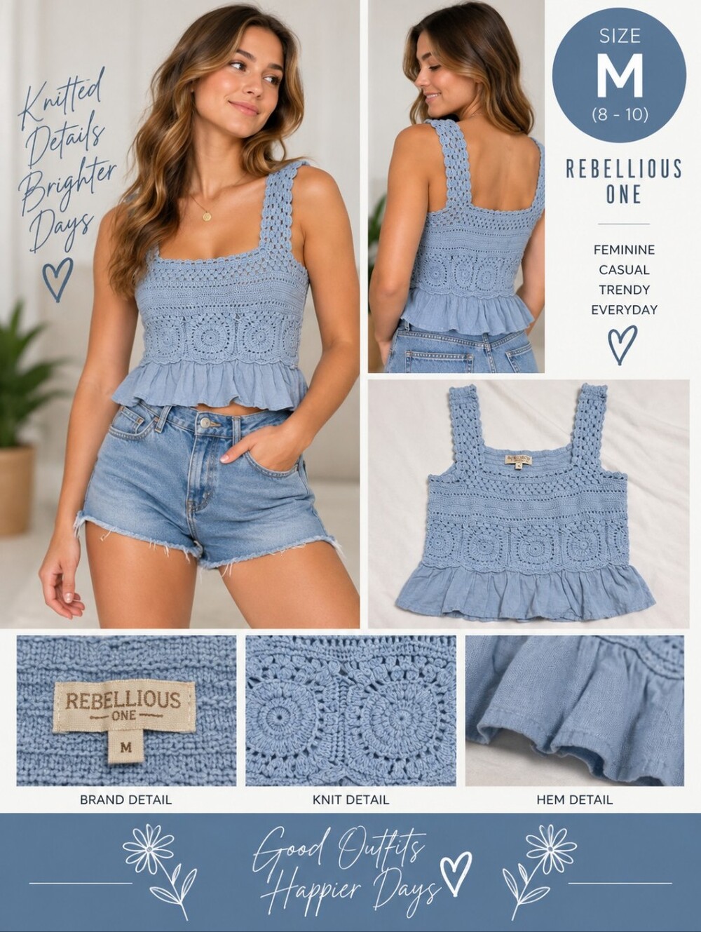 Rebellion womens medium blue knitted crop top #31